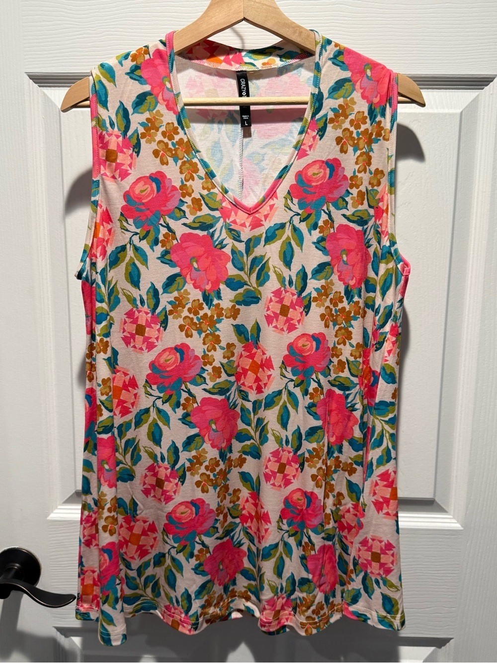 Crazy Train Bright Floral V-Neck Tank Top - Pink, Teal & Orange - Picture 2 of 4